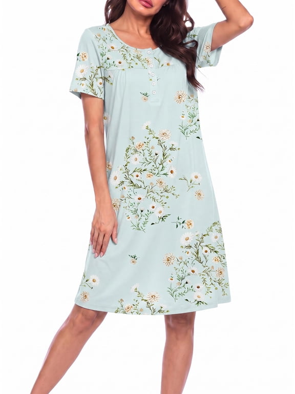 Nightgowns for Women with Pockets Button Front Short Sleeve House Dresses Floral Print Mumu Dress MooMoo Dresses