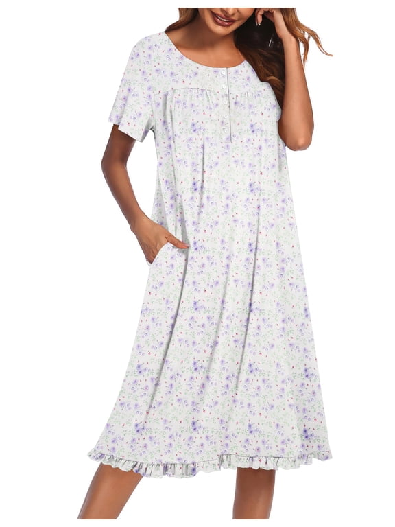 Nightgowns for Women with Pockets Button Front Short Sleeve House Dresses Floral Print Mumu Dress