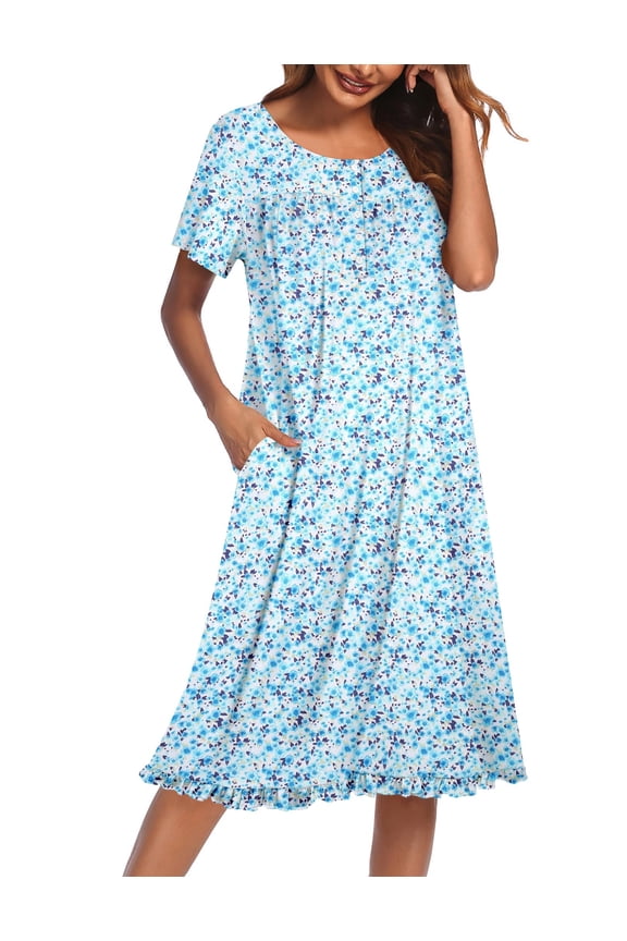Nightgowns for Women with Pockets Button Front Short Sleeve House Dresses Floral Print Mumu Dress