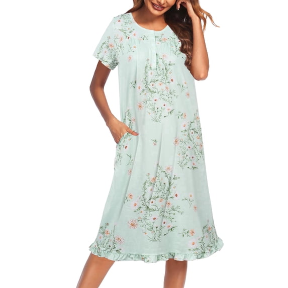 Ekouaer Nightgowns for Women with Pockets Button Front Short Sleeve House Dresses Floral Print Mumu Dress