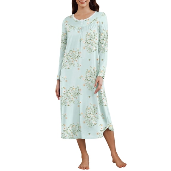 Ekouaer Nightgowns for Women with Pockets Long Sleeves Nightshirts Ladies Nightdress Plus Size Pajama Dress
