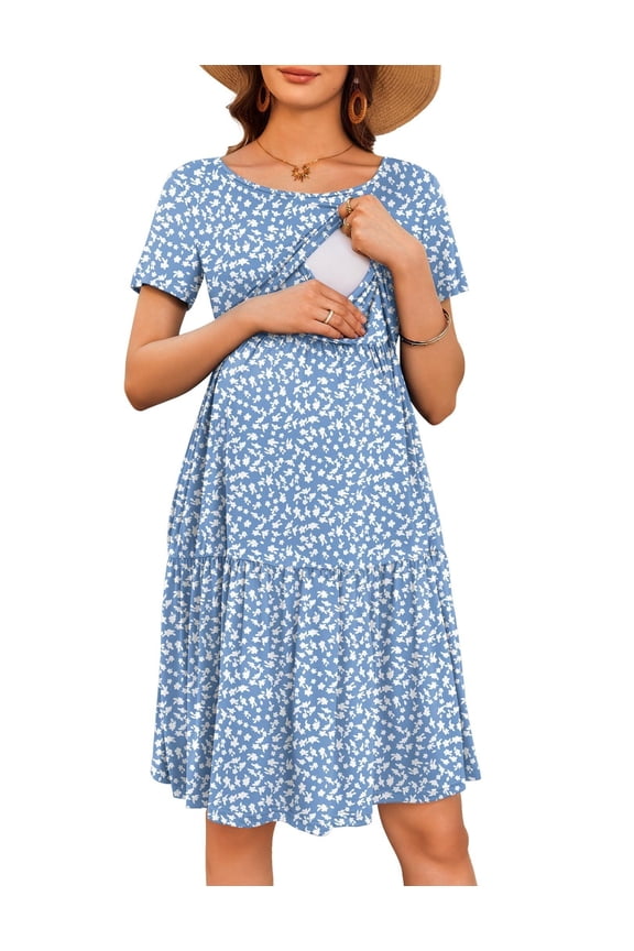 Nursing Dress Summer Short Sleeve Breastfeeding Casual Knee Length Maternity Dresses