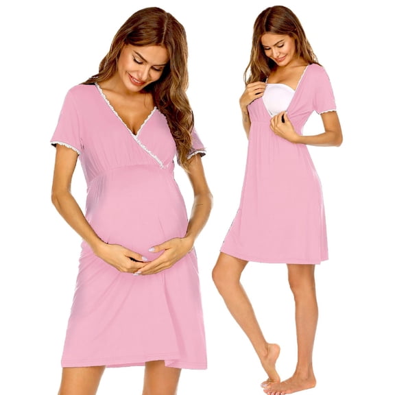 Ekouaer Nursing Nightgown Delivery and Labor Gown for Hospital Short Sleeve Maternity Breastfeeding Dress Pink