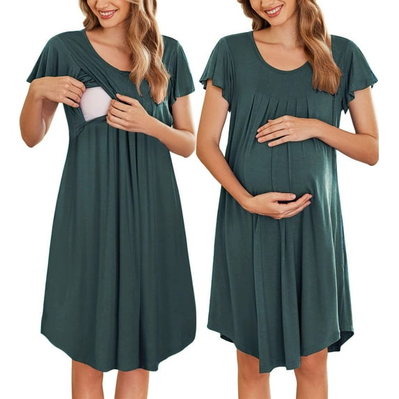 Ekouaer Nursing Nightown Labor and Delivery Gown for Hospital Pleated Breastfeeding Dress for Women Short Sleeve Maternity Sleepwear Army Green