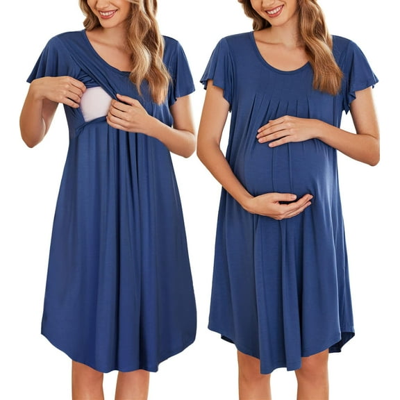 Ekouaer Nursing Nightown Labor and Delivery Gown for Hospital Short Sleeve Maternity Sleepwear Pleated Breastfeeding Dress for Womens