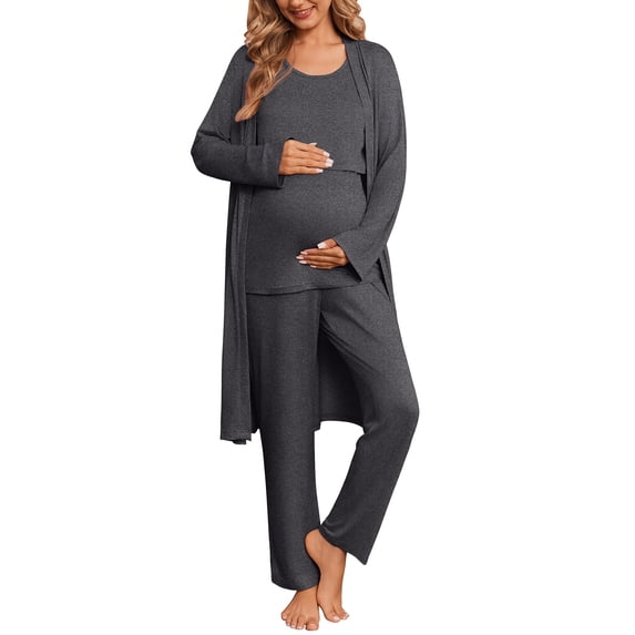 Ekouaer Nursing Pajamas Maternity Robe Set 3 Pieces Postpartum Maternity Pajama Set Pregnancy Breastfeeding Pj