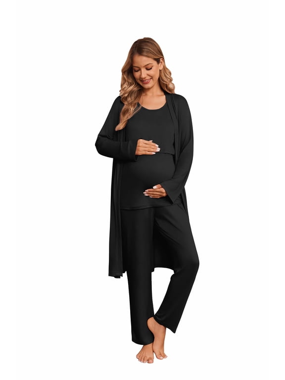 Nursing Pajamas Maternity Robe Set 3 Pieces Postpartum Maternity Pajama Set Pregnancy Breastfeeding Pj