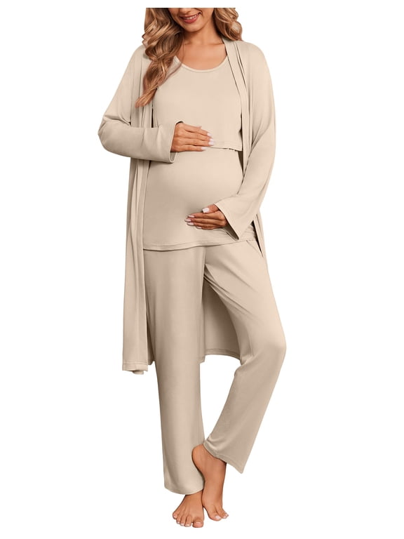 Nursing Pajamas Maternity Robe Set 3 Pieces Postpartum Maternity Pajama Set Pregnancy Breastfeeding Pj