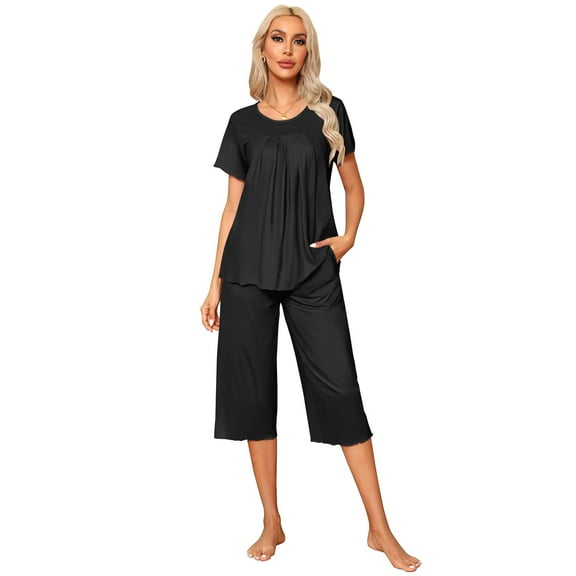 Ekouaer Pajama Set for Women 2 Piece Capri Pants Short Sleeve Top Sleepwear Soft Pjs Loungewear with Pockets