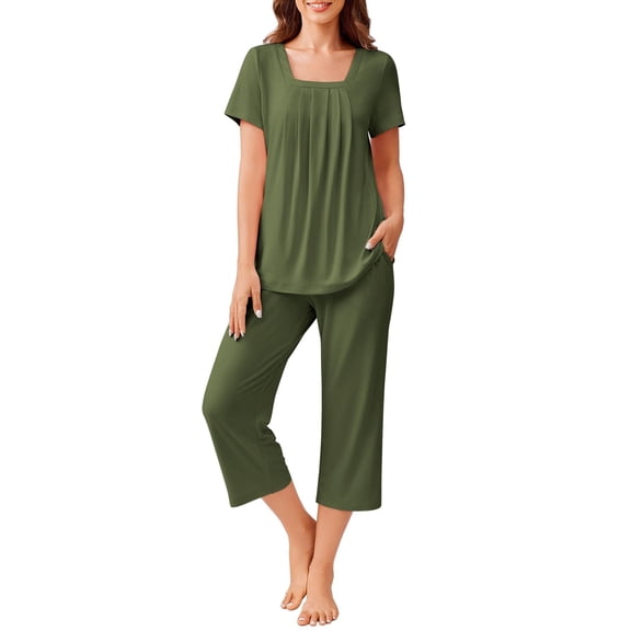 Ekouaer Pajama Set for Women Short Sleeve Top With Capri Pants Pjs 2 Piece Square Neck Loungewear Soft Sleepwear with Pockets