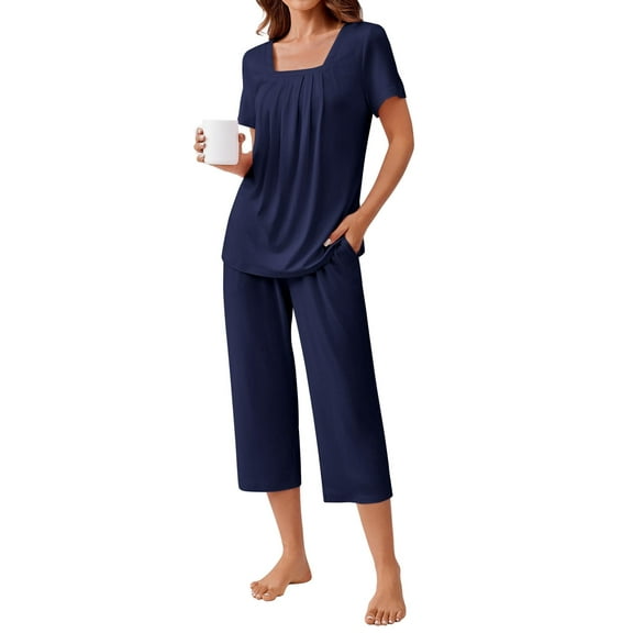 Ekouaer Pajama Set for Women Short Sleeve Top With Capri Pants Pjs 2 Piece Square Neck Loungewear Soft Sleepwear with Pockets