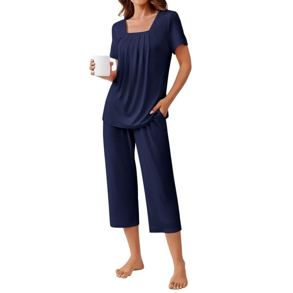 Ekouaer Pajama Set for Women Short Sleeve Top With Capri Pants Pjs 2 Piece Square Neck Loungewear Soft Sleepwear with Pockets