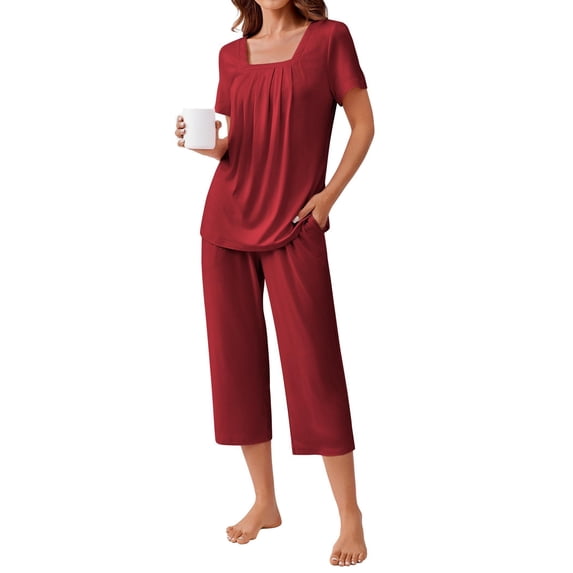 Ekouaer Pajama Set for Women Short Sleeve Top With Capri Pants Pjs 2 Piece Square Neck Loungewear Soft Sleepwear with Pockets