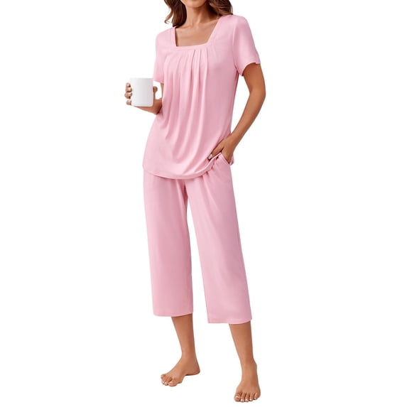 Ekouaer Pajama Set for Women Short Sleeve Top With Capri Pants Pjs 2 Piece Square Neck Loungewear Soft Sleepwear with Pockets