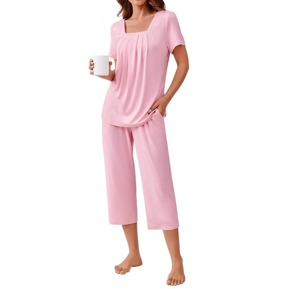 Ekouaer Pajama Set for Women Short Sleeve Top With Capri Pants Pjs 2 Piece Square Neck Loungewear Soft Sleepwear with Pockets