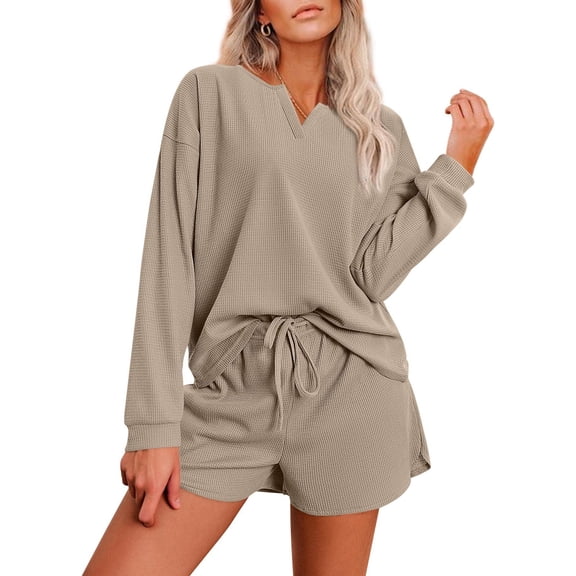 Ekouaer Pajama Set for Women Waffle Knit Lounge Sets Long Sleeve Top and Shorts Sleepwear Matching Loungewear