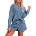 thumbnail image 1 of Ekouaer Pajama Set for Women Waffle Knit Lounge Sets Long Sleeve Top and Shorts Sleepwear Matching Loungewear, 1 of 6