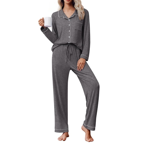 Ekouaer Pajama Sets Women Classic Long Sleeve Button Down Sleepwear Soft Pjs Lounge Sets