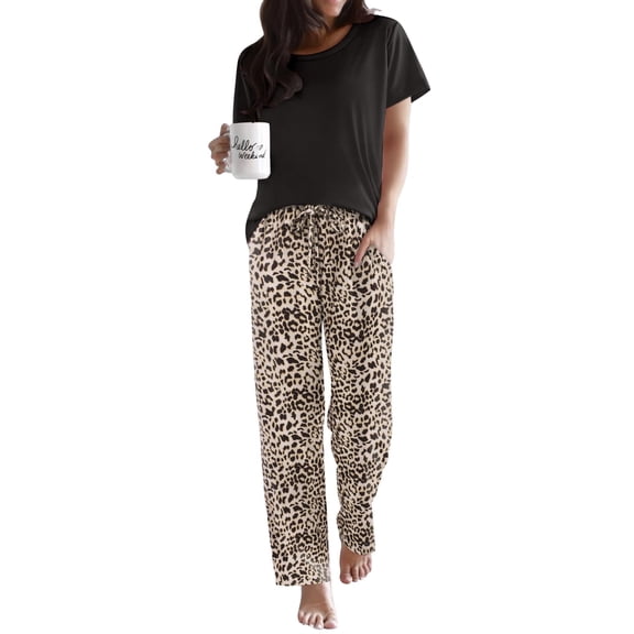 Ekouaer Pajama Sets for Women Round Neck Pjs Short Sleeve Sleepwear with Long Pants Loose Lounge Sets