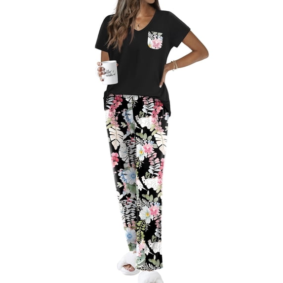 Ekouaer Pajama Sets for Women Short Sleeve Pj Set V Neck Sleepwear Chest Pocket with Long Pants Casual Loose Loungewear