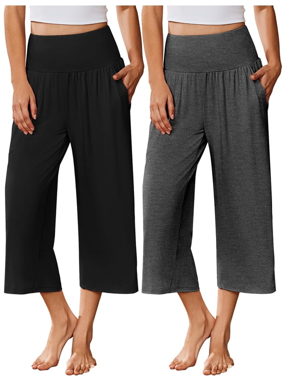 2 Pack Womens Pajama Pants 2026 Wide Leg Capri Yoga Pants Lounge Comfy Sleep Pj Bottoms with Pockets