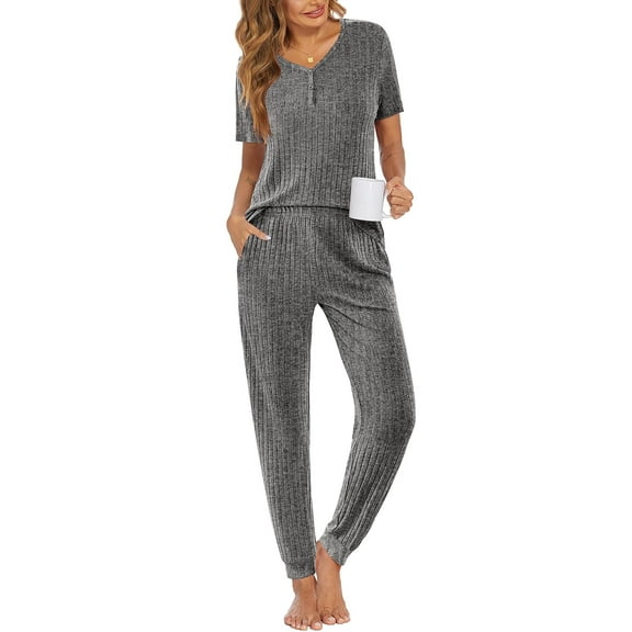 Ekouaer Pajama Sets for Womens Rib Knit 2 Piece Pjs Jogger Pants Short Sleeve Sleepwear Lounge Set with Pockets Dark Grey M