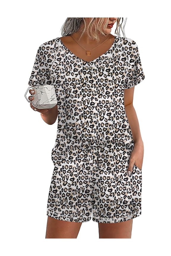 Pajama Shorts Set Womens 2 Piece Sleepwear Short Sleeve V Neck Pjs Comfy Lounge Set with Pockets Leopard