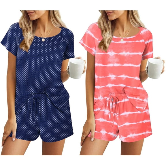 Ekouaer Pajama Shorts Set Womens Comfy Short Sleepwear Crew Neck Pj Top and Shorts Sets 2 Piece Loungewear