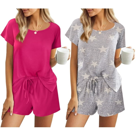 Ekouaer Pajama Shorts Set Womens Comfy Short Sleepwear Crew Neck Pj Top and Shorts Sets 2 Piece Loungewear