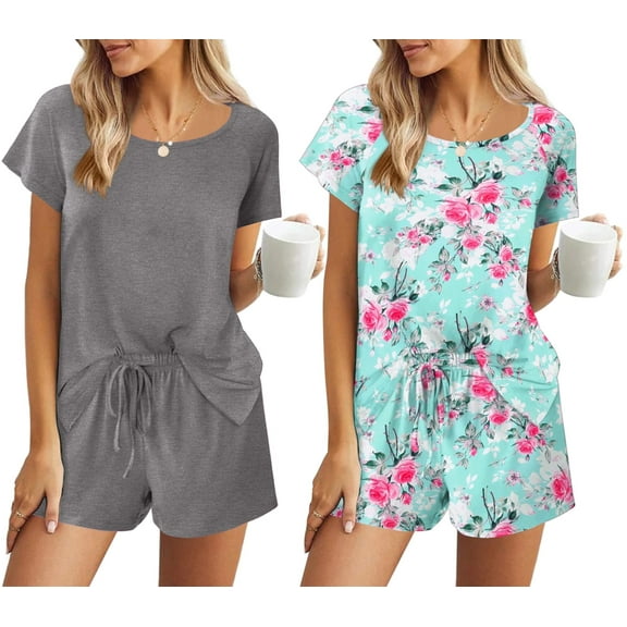 Ekouaer Pajama Shorts Set Womens Comfy Short Sleepwear Crew Neck Pj Top and Shorts Sets 2 Piece Loungewear