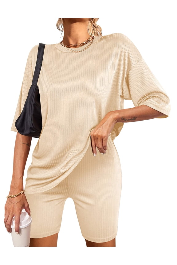 Pajamas Set 2 Piece Lounge Sets Ribbed Knit Matching Outfits T-shirt Biker Shorts Sleepwear Loungewear Sweatsuits