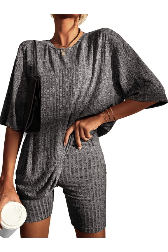 Pajamas Set 2 Piece Lounge Sets Ribbed Knit Matching Outfits T-shirt Biker Shorts Sleepwear Loungewear Sweatsuits