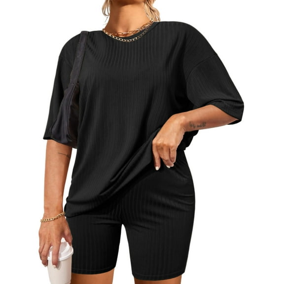 Ekouaer Pajamas Set 2 Piece Lounge Sets Ribbed Knit Matching Outfits T-shirt Biker Shorts Sleepwear Loungewear Sweatsuits
