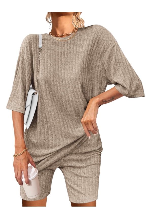 Pajamas Set 2 Piece Lounge Sets Ribbed Knit Matching Outfits T-shirt Biker Shorts Sleepwear Loungewear Sweatsuits