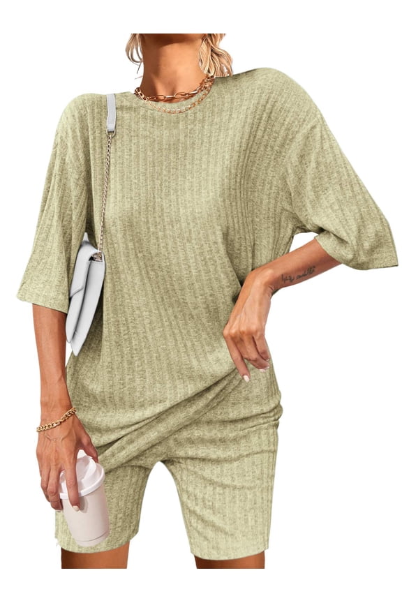 Pajamas Set 2 Piece Lounge Sets Ribbed Knit Matching Outfits T-shirt Biker Shorts Sleepwear Loungewear Sweatsuits
