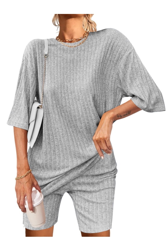 Pajamas Set 2 Piece Lounge Sets Ribbed Knit Matching Outfits T-shirt Biker Shorts Sleepwear Loungewear Sweatsuits