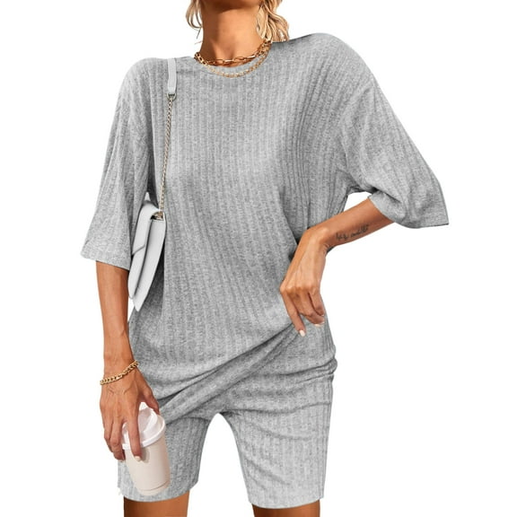 Ekouaer Pajamas Set 2 Piece Lounge Sets Ribbed Knit Matching Outfits T-shirt Biker Shorts Sleepwear Loungewear Sweatsuits