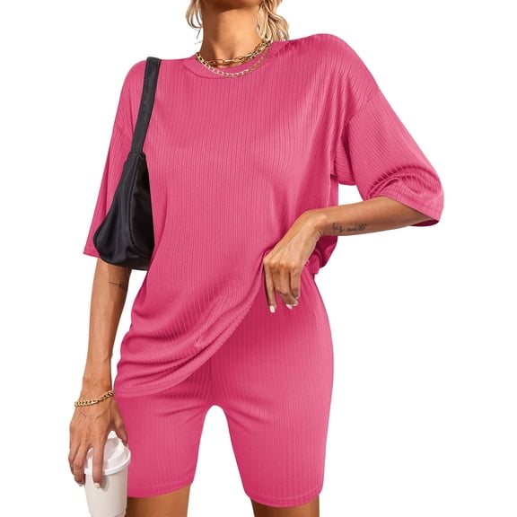 Ekouaer Pajamas Set 2 Piece Lounge Sets Ribbed Knit Matching Outfits T-shirt Biker Shorts Sleepwear Loungewear Sweatsuits