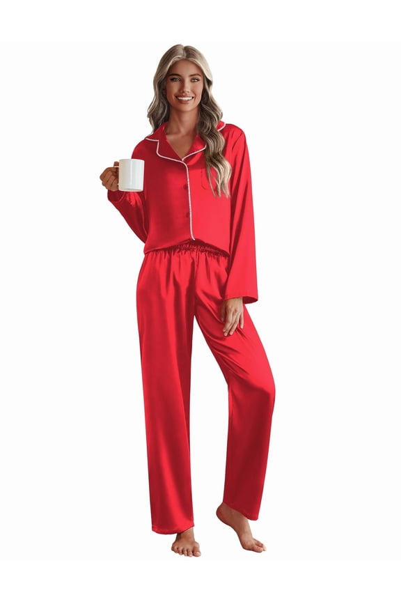 Pajamas For Women Set Silk Pjs 2 Piece Satin Sleepwear Long Sleeve Button Down Lounge Sets With Pant