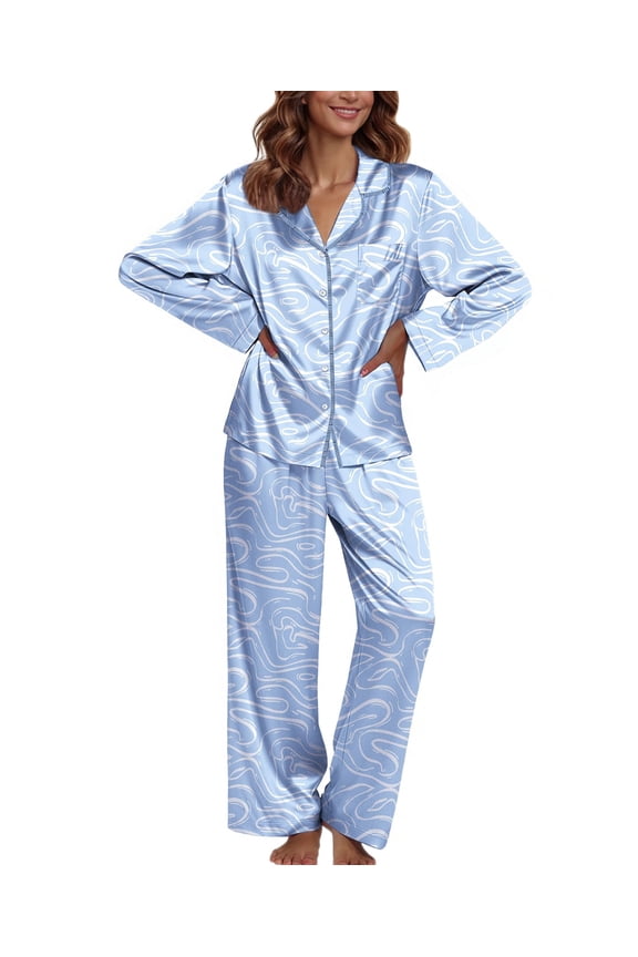 Pajamas For Women Set Silk Pjs 2 Piece Satin Sleepwear Long Sleeve Button Down Lounge Sets With Pant