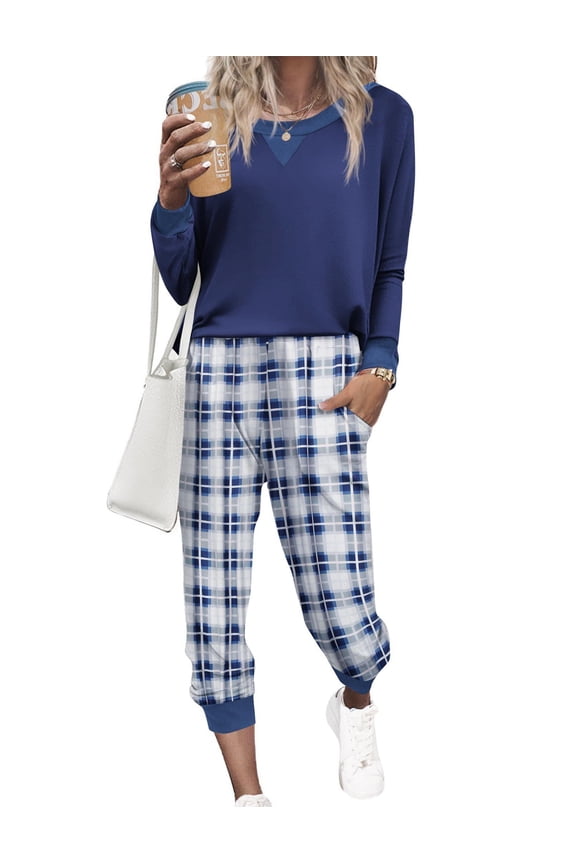 Womens Jogger Pajama Set Long Sleeve Pjs 2 Piece Gingham Lounge Joggers Set Soft Pyjamas Blue Plaid Jogger Pjs