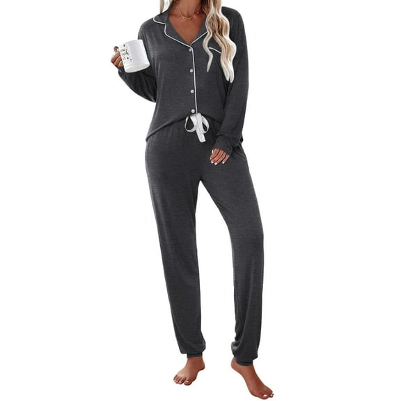 Ekouaer Pajamas Set Long Sleeve Sleepwear Womens Button Down Nightwear Soft Pj Loungewear with Pockets
