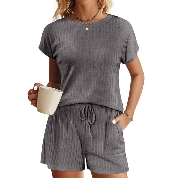 Ekouaer Pajamas Set for Women 2 Piece Pjs Ribbed Knit Lounge Set Cap Sleeve Loungewear Sleepwear