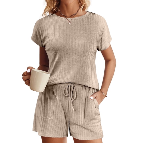 Ekouaer Pajamas Set for Women 2 Piece Pjs Ribbed Knit Lounge Set Cap Sleeve Loungewear Sleepwear