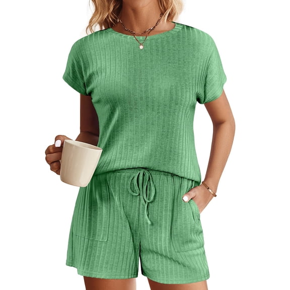 Ekouaer Pajamas Set for Women 2 Piece Pjs Ribbed Knit Lounge Set Cap Sleeve Loungewear Sleepwear