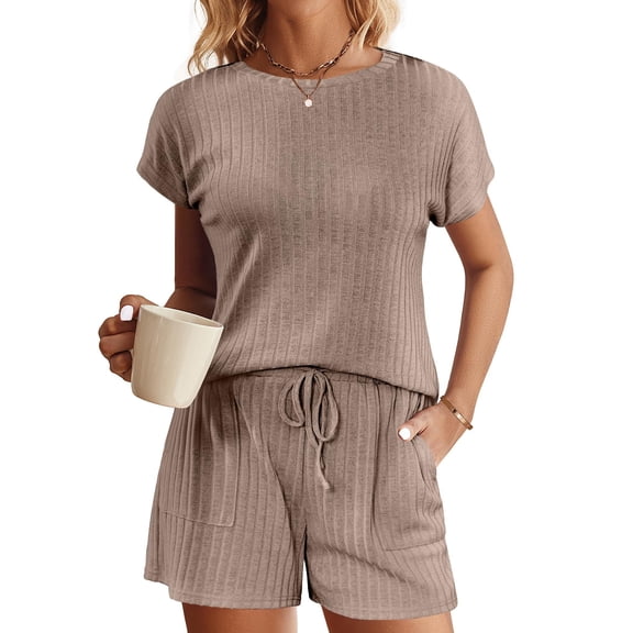 Ekouaer Pajamas Set for Women 2 Piece Pjs Ribbed Knit Lounge Set Cap Sleeve Loungewear Sleepwear