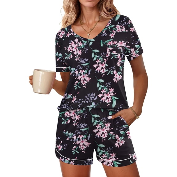 Ekouaer Pajamas Set for Women 2 Piece Short Sleeve Sleepwear Soft V Neck Tops and Shorts Pjs Lounge Set with Pocket