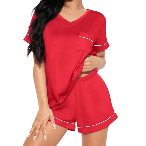 Ekouaer Pajamas Set for Women 2 Piece Short Sleeve Sleepwear Soft V Neck Tops and Shorts Pjs Lounge Set with Pocket