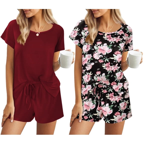 Ekouaer Pajamas Sets for Women 2 Piece Lounge Sets Short Sleeve Sleep Set Shorts Pjs Set Black Pink Floral Wine