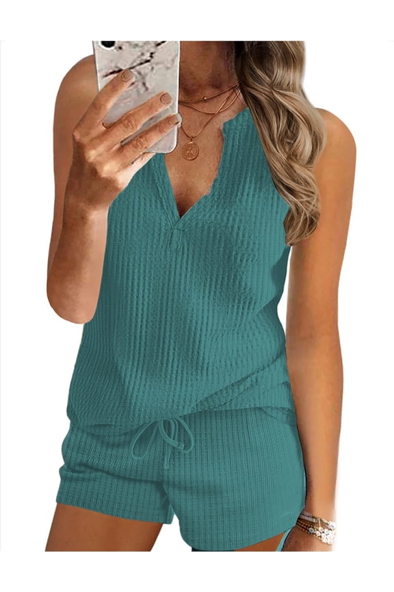 Pajamas Tank Top and Shorts Lounge Sets Waffle Knit V Neck Pj Short Sets Casual Outfits for Women